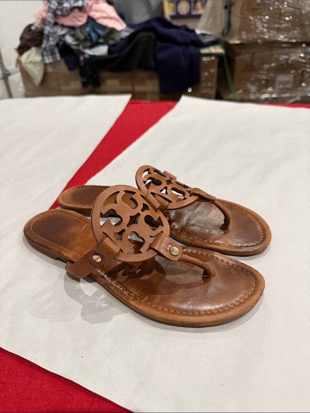 Tory Burch Brown Leather Logo Cutout Thong Sandals